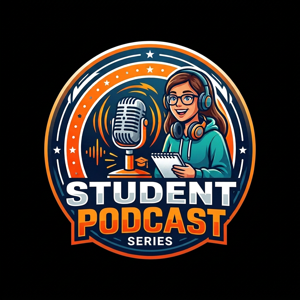 The Student Podcast—Amp Up Your Voice logo with microphone and student broadcaster
