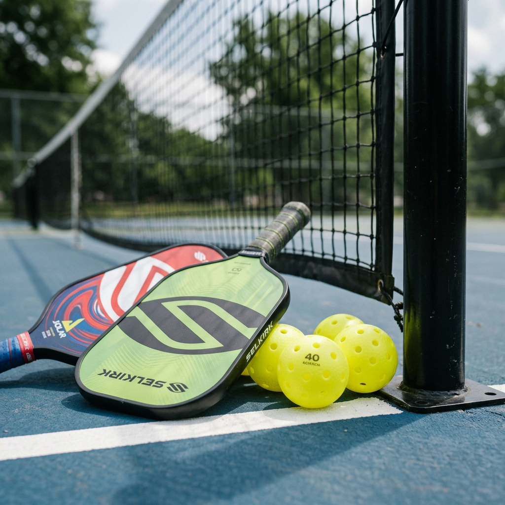 Two pickleball paddles and three balls beside an outdoor court net